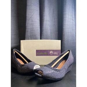 Clarks Adriel Cass Black White Dot Peep Toe Wedge Pumps‎ 26124315 Size 7M